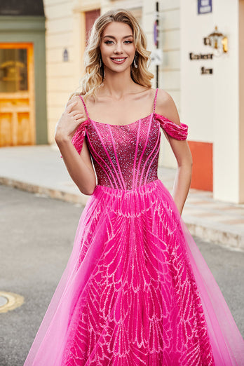 A-Line Cold Shoudler Sparkly Hot Pink Corset Prom kjole med Beading
