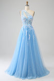 Stunning A Line One Shoulder Light Blue Long Tylle Prom Dress med Appliques