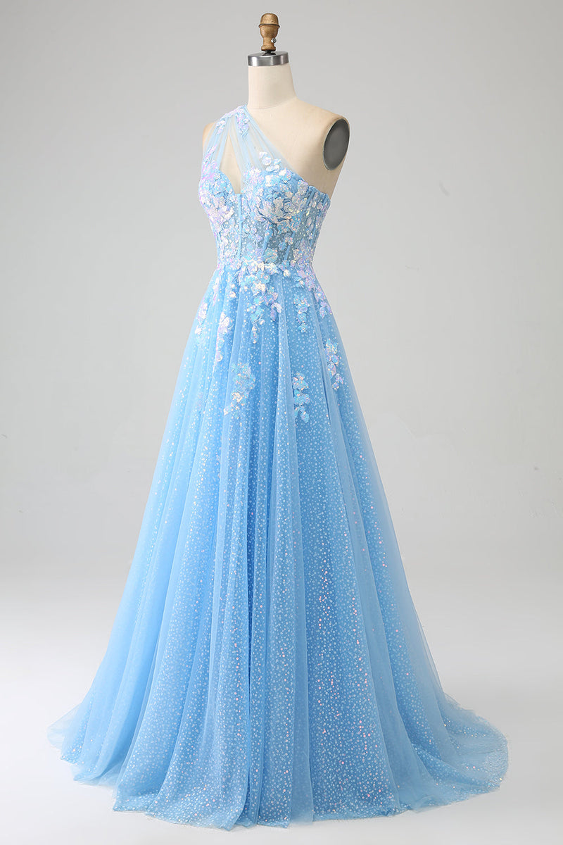 Load image into Gallery viewer, Stunning A Line One Shoulder Light Blue Long Tylle Prom Dress med Appliques