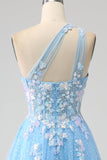 Stunning A Line One Shoulder Light Blue Long Tylle Prom Dress med Appliques