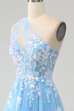 Stunning A Line One Shoulder Light Blue Long Tylle Prom Dress med Appliques