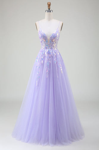 A-Line Purple Prom kjole med paljetter