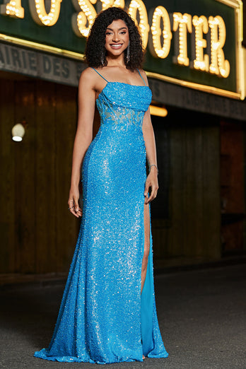 Stunning Mermaid Spaghetti stropper Blå korsett Prom kjole med Split Front