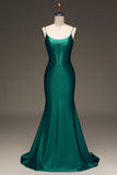 Satin Mermaid Lace-Up Back Mørkegrønn Prom kjole med korsett