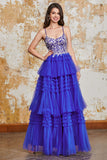 Nydelig A Line Spaghetti stropper Royal Blue Long Prom kjole med Ruffles Appliques