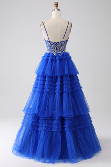 Royal Blue Tiered Prom kjole med paljetter