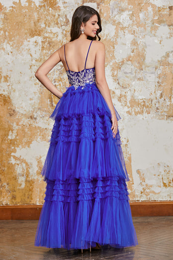 Nydelig A Line Spaghetti stropper Royal Blue Long Prom kjole med Ruffles Appliques