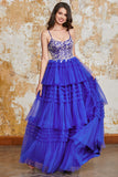 Nydelig A Line Spaghetti stropper Royal Blue Long Prom kjole med Ruffles Appliques