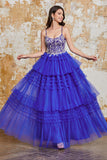 Nydelig A Line Spaghetti stropper Royal Blue Long Prom kjole med Ruffles Appliques