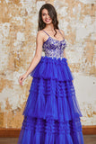 Nydelig A Line Spaghetti stropper Royal Blue Long Prom kjole med Ruffles Appliques