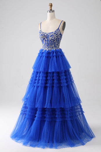 Royal Blue Tiered Prom kjole med paljetter