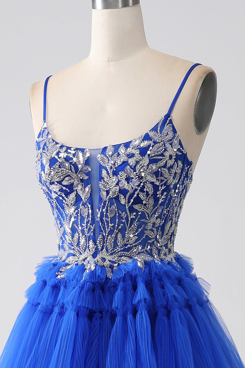 Load image into Gallery viewer, Royal Blue Tiered Prom kjole med paljetter