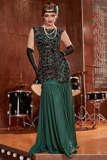 mørkegrønn lang 1920-tallet paljett flapper kjole