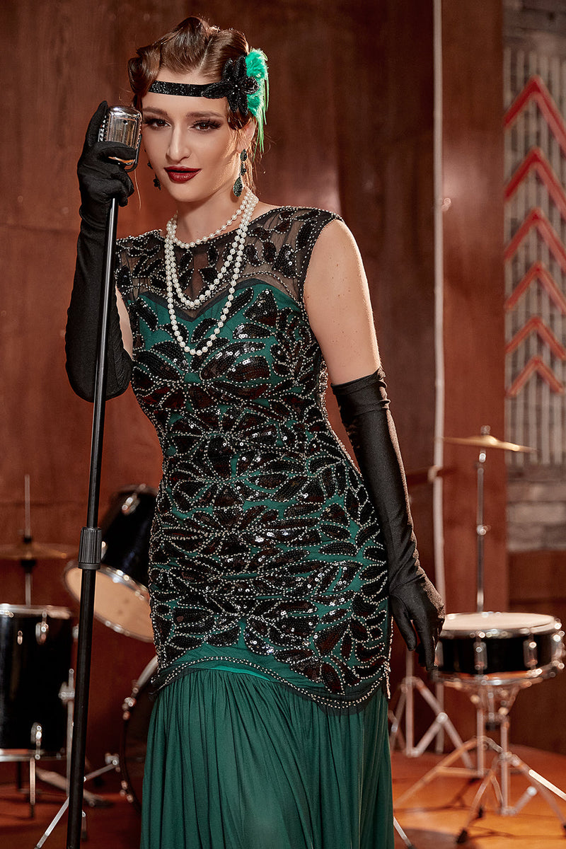 Load image into Gallery viewer, mørkegrønn lang 1920-tallet paljett flapper kjole