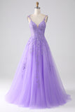 Lilac A-Line Spaghetti stropper Long Prom Kjole med Appliques