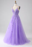 Lilac A-Line Spaghetti stropper Long Prom Kjole med Appliques