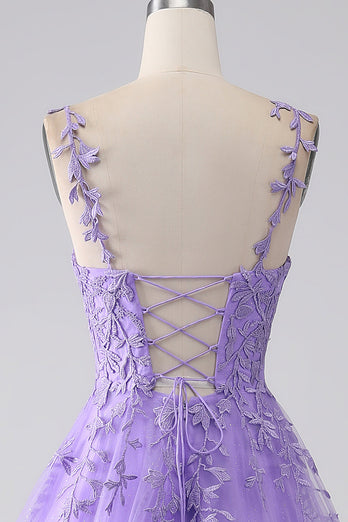 Lilac A-Line Spaghetti stropper Long Prom Kjole med Appliques