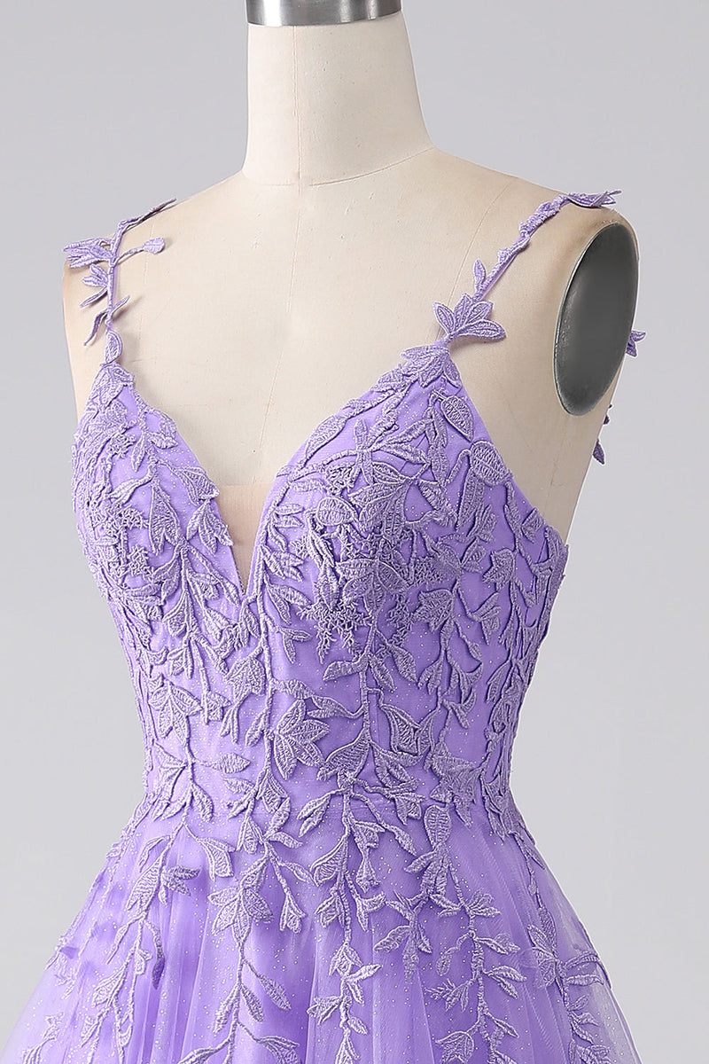 Load image into Gallery viewer, Lilac A-Line Spaghetti stropper Long Prom Kjole med Appliques