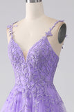 Lilac A-Line Spaghetti stropper Long Prom Kjole med Appliques