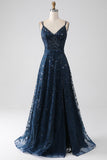 A-Line Dark Navy Spaghetti stropper Long Prom Dress med Slit