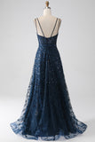 A-Line Dark Navy Spaghetti stropper Long Prom Dress med Slit