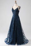 A-Line Dark Navy Spaghetti stropper Long Prom Dress med Slit