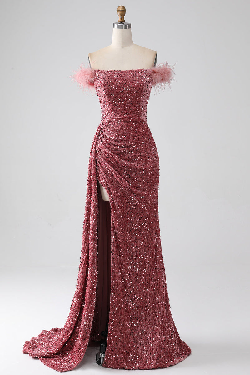 Load image into Gallery viewer, Havfrue av skulderen Blush paljetter Prom kjole med spalt