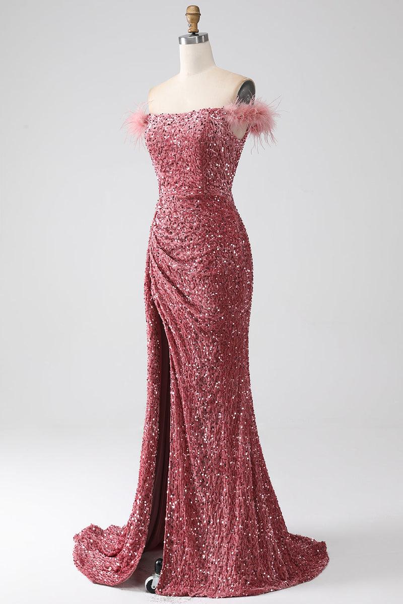 Load image into Gallery viewer, Havfrue av skulderen Blush paljetter Prom kjole med spalt