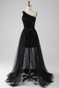 Load image into Gallery viewer, A-linje svart en skulder paljetter prom kjole