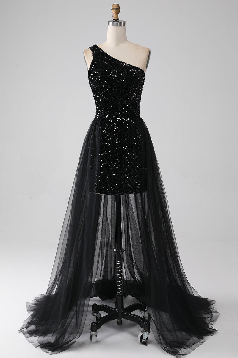 Load image into Gallery viewer, A-linje svart en skulder paljetter prom kjole