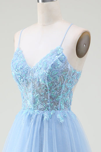Lyseblå korsett Prom kjole med perler