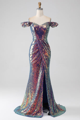 Sparkly Mermaid Off The Shoulder Purple Prom Dress med Slit