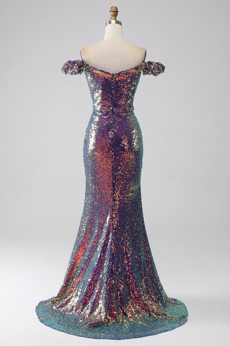 Load image into Gallery viewer, Sparkly Mermaid Off The Shoulder Purple Prom Dress med Slit