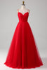 Load image into Gallery viewer, Rød tyll plissert V-hals A-line Tie Back Prom kjole