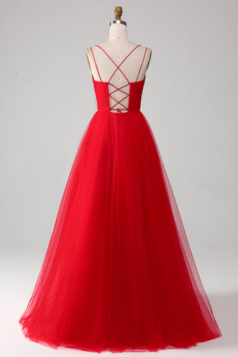 Rød tyll plissert V-hals A-line Tie Back Prom kjole