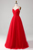 Load image into Gallery viewer, Rød tyll plissert V-hals A-line Tie Back Prom kjole