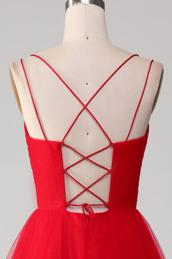 Rød tyll plissert V-hals A-line Tie Back Prom kjole