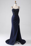 Mermaid Beaded Navy Prom kjole med Ruffles