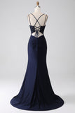 Mermaid Beaded Navy Prom kjole med Ruffles