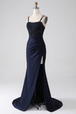 Mermaid Beaded Navy Prom kjole med Ruffles