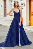 Royal Blue A Line Spaghetti stropper Long Backless Prom Kjole med Appliques