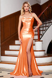 Stunning Orange Mermaid Spaghetti stropper korsett Prom kjole med Split Front