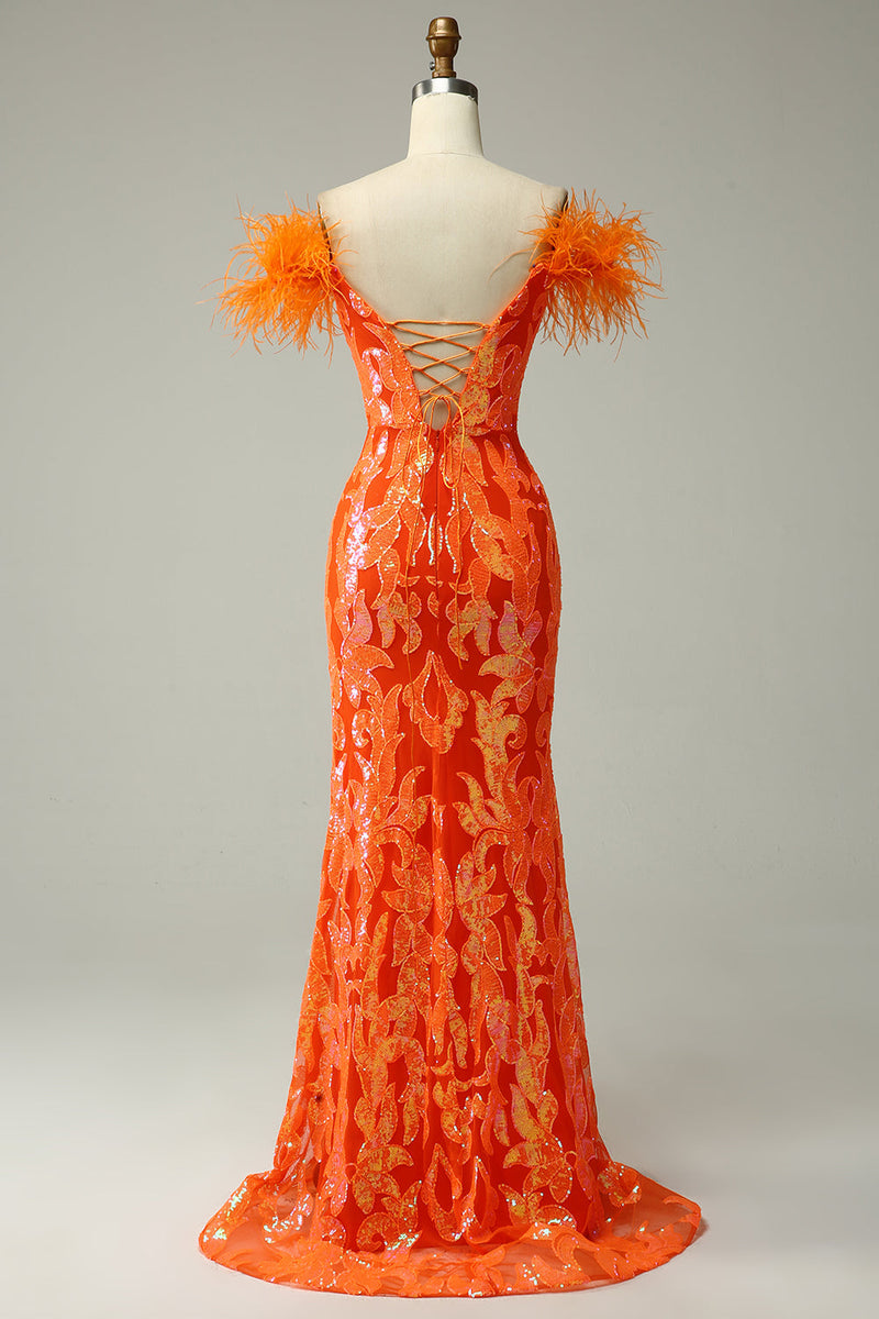 Load image into Gallery viewer, Oransje paljetter av skulderen Havfrue Prom kjole med fjær