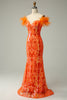 Load image into Gallery viewer, Oransje paljetter av skulderen Havfrue Prom kjole med fjær