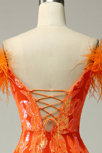Oransje paljetter av skulderen Havfrue Prom kjole med fjær