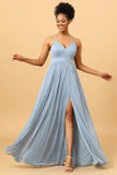 Dusty Blue A-Line Long Chiffon brudepike kjole med spalte