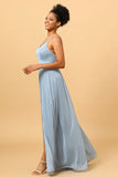 Dusty Blue A-Line Long Chiffon brudepike kjole med spalte