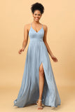 Dusty Blue A-Line Long Chiffon brudepike kjole med spalte