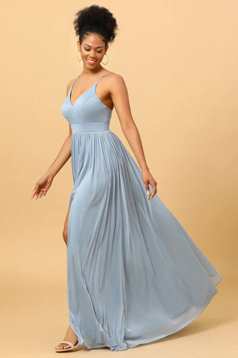 Dusty Blue A-Line Long Chiffon brudepike kjole med spalte