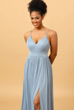 Dusty Blue A-Line Long Chiffon brudepike kjole med spalte